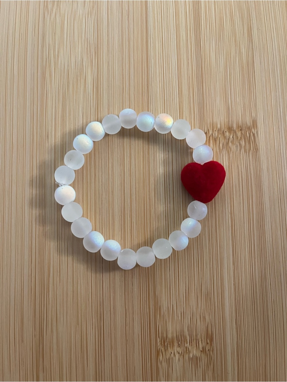 White Glass Beaded Bracelet with Red Heart Accent - Women Jewelry